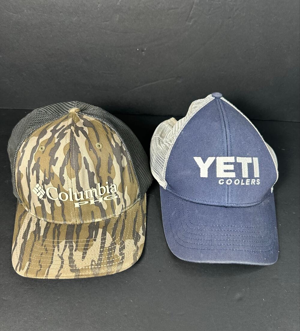 2 caps Yeti navy + Columbia PHG Camo Hat L Flex Fit Mesh Hunt Fish Camouflage